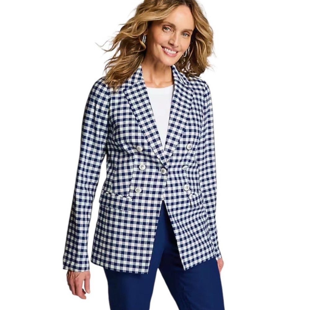 $169 J. Jill Wmns Navy Blue Gingham Double Breasted Crest Button Blazer Sz SMALL